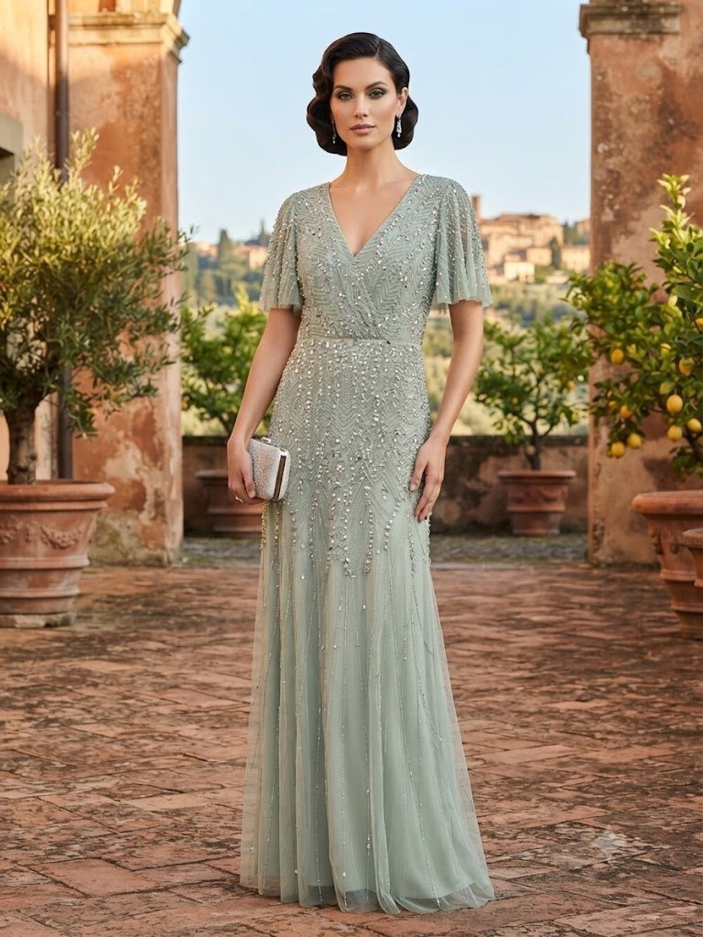 Stunning Mac Duggal Mint Green Beaded V-Neck Dress Size 10